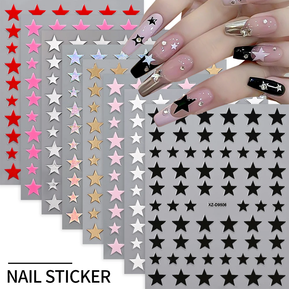 8PCS Rosa Gold Schwarz Stern Nail art Aufkleber Hochglanz Metallic Pentagramm Design Slider Aufkleber Y2K Maniküre Liefert Dekoration – Detail 1