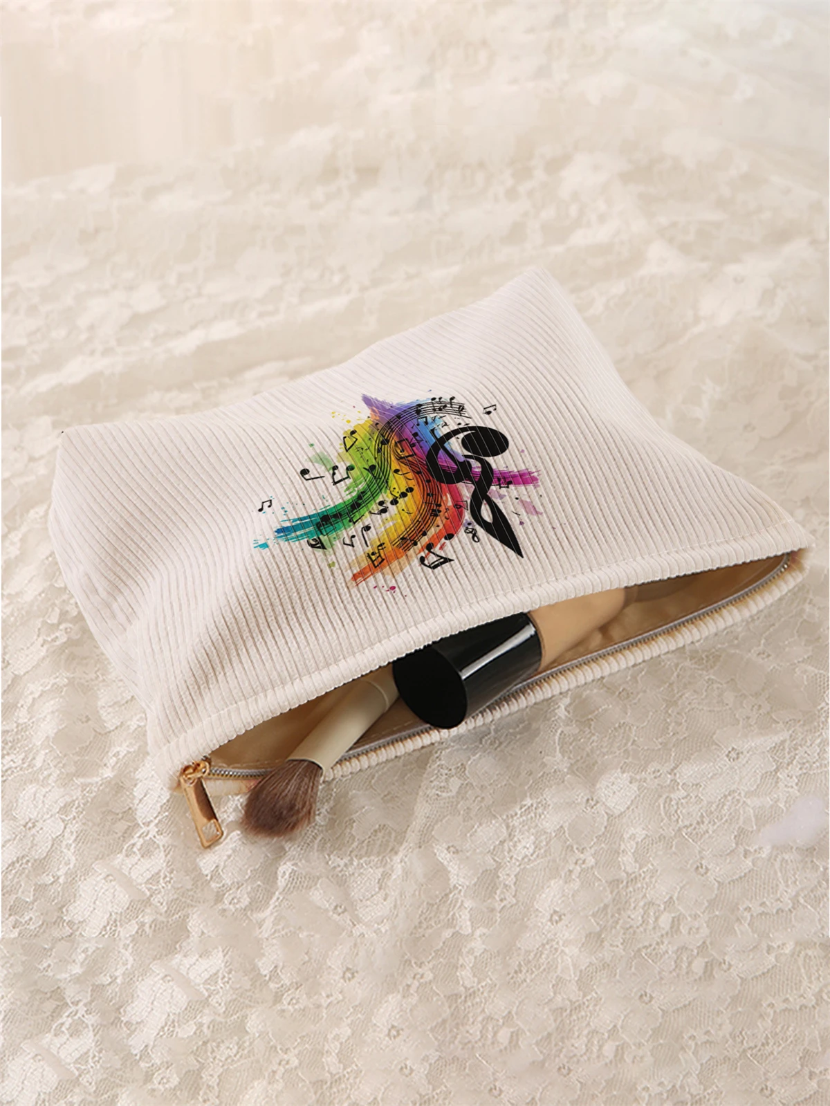 1 note patterned corduroy makeup bag, lightweight zipper makeup storage box, multifunctional bag with lining