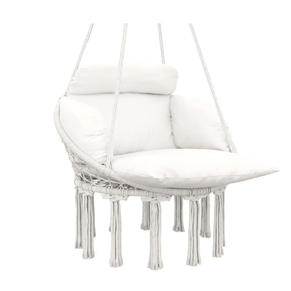 Hammock Swing Chair, Outdoor Hanging Chair with Large Cushion, Cotton Rope Weaving Macrame Swing with Chain 6