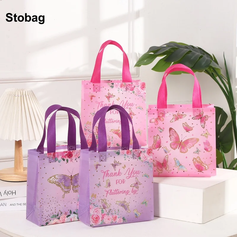

StoBag 4pcs Cartoon Butterfly Non-woven Tote Bags Fabric Gift Package Girl Kids Waterproof Storage Reusable Pouch Birthday Party