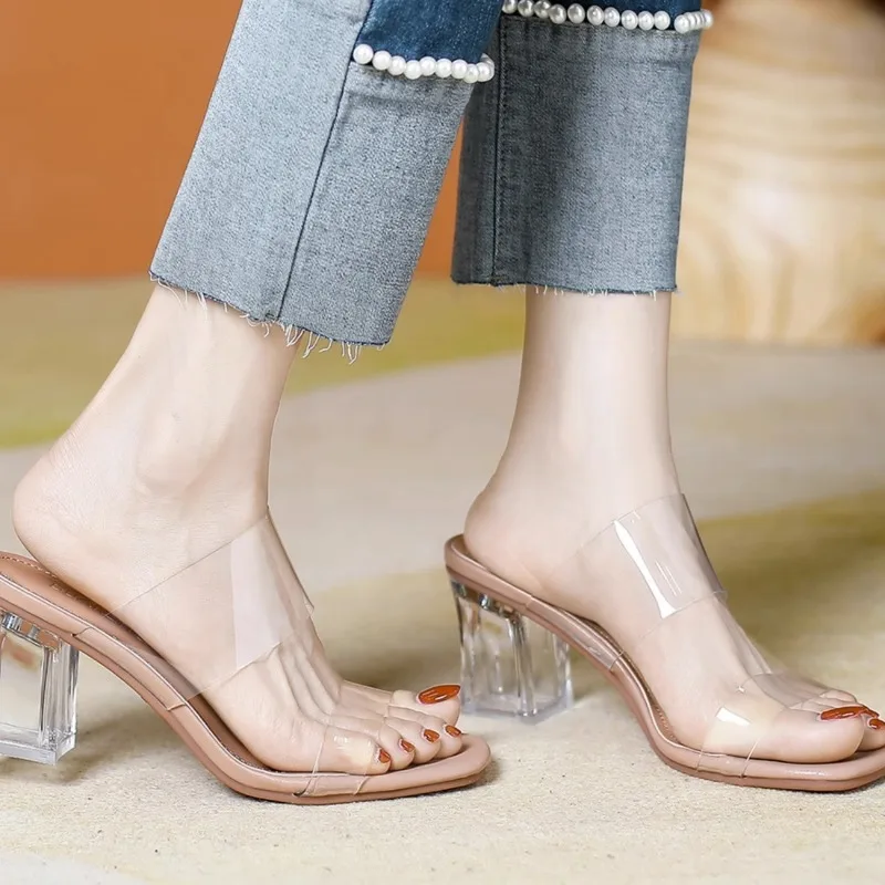 Women Transparent Slippers Thin Heels Slides Heeled Mules Jelly Flip Flops Med Designer Glitter women sandals women high heels