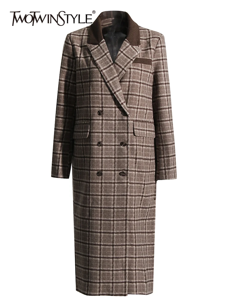 

TWOTWINSTYLE Vintage Plaid Wool Coat For Women Notched Collar Long Sleeve Double Breasted Colorblock Coats Female Clothing 2022