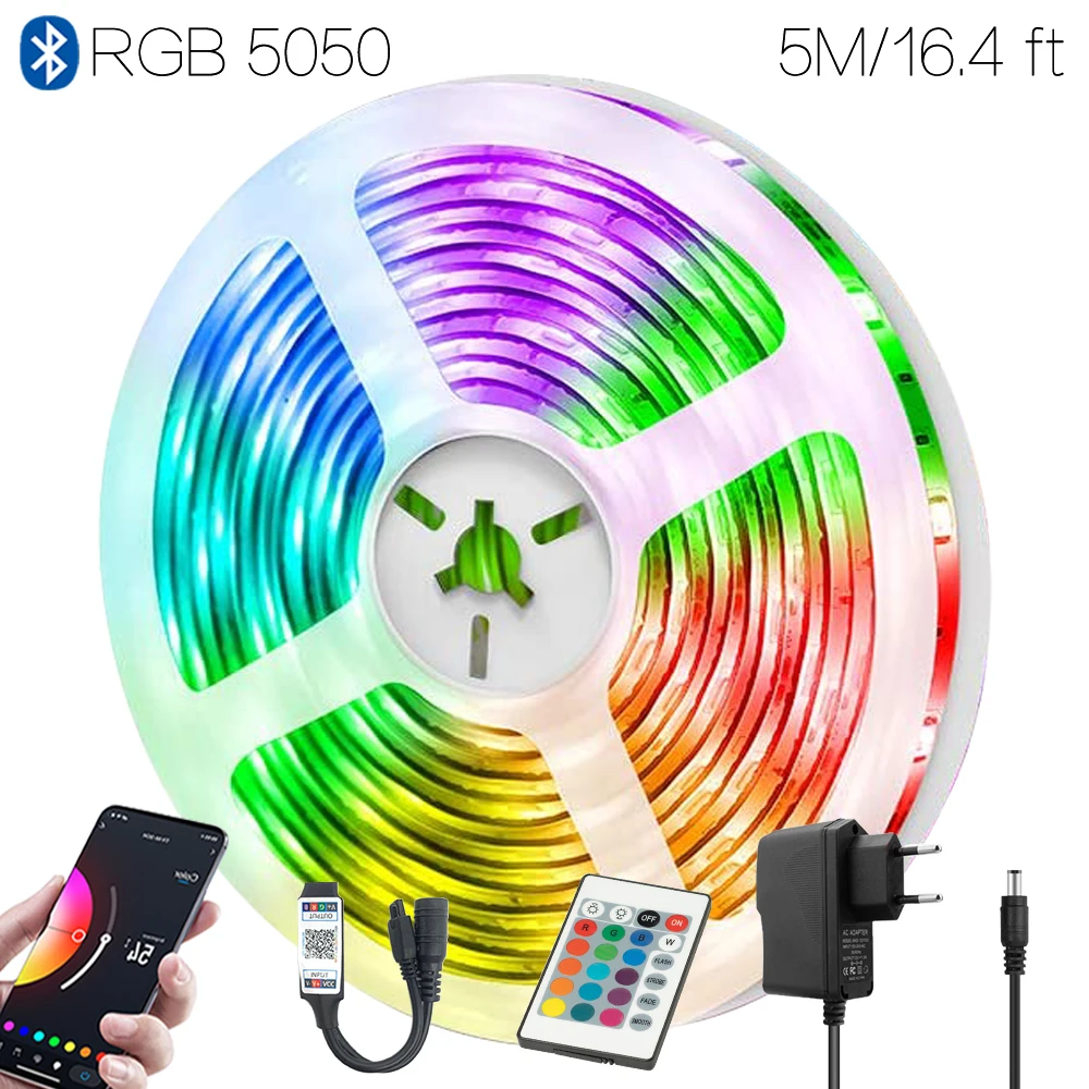 16.4ft (5M) Luminaria luces DIY Mode Color Changing Led Light Bluetooth Smart RGB 5050 12V Flexible Lamp Tape For Dormitory Room