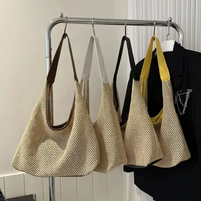 Women's Hollow Woven Shoulder Bags Large Capacity Knitting Underarm Bag Solid Crochet Tote Shopping Handbag Summer Beach Bag