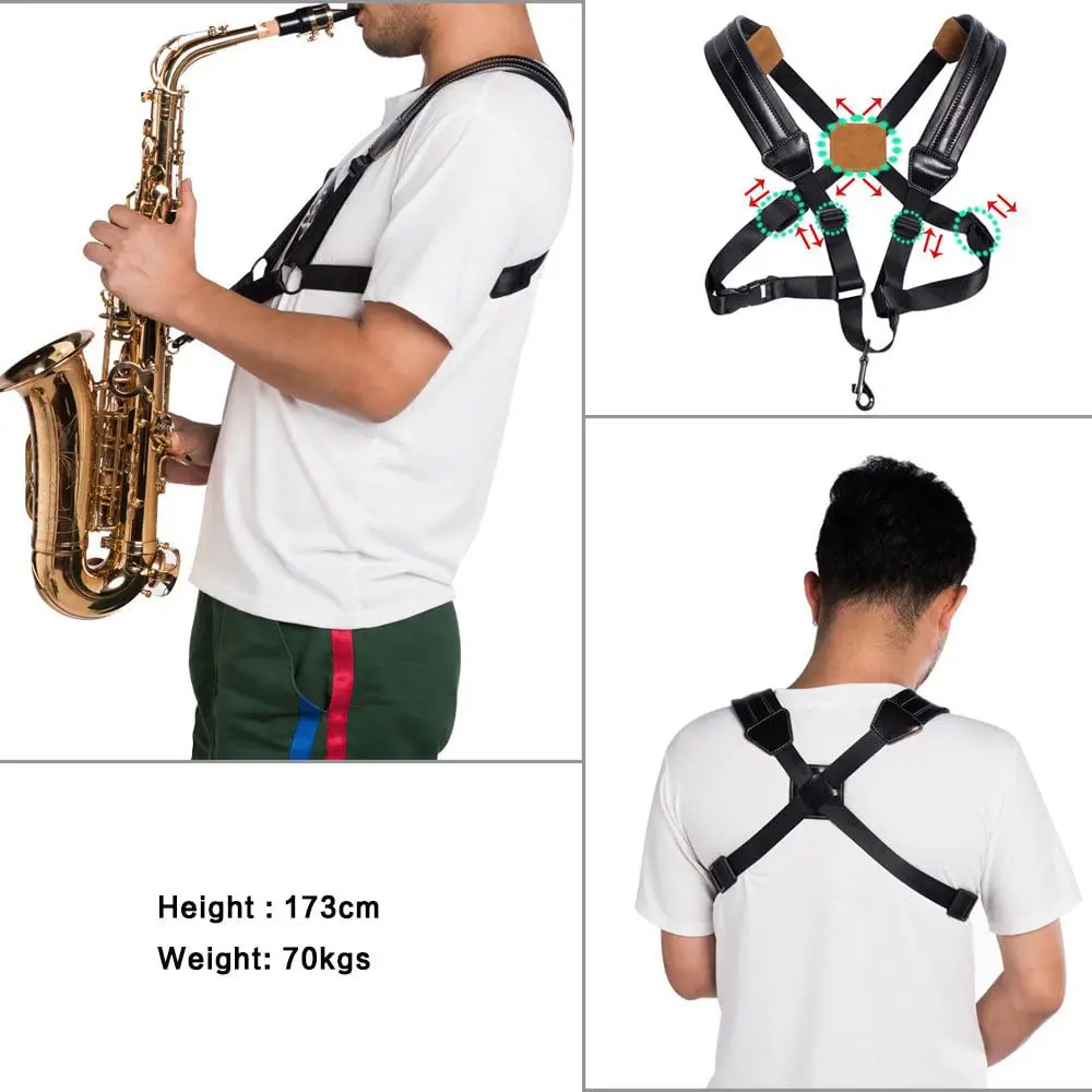 Saxophone Strap Universal Double Shoulder Leather Strap for Sax Adjustable Padded Harness for Alto Tenor Sopranoe