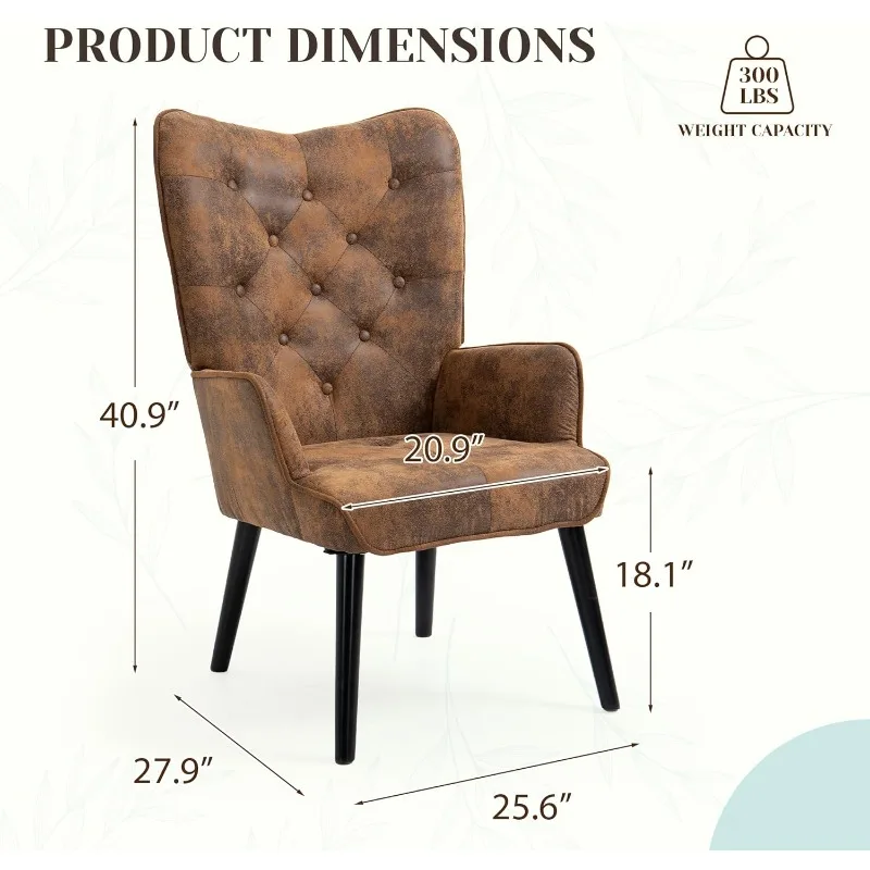 WingBack Chair, Rustic Accent Chair with Arms Upholstered, Button Backrest for Living Room (Brown) 2