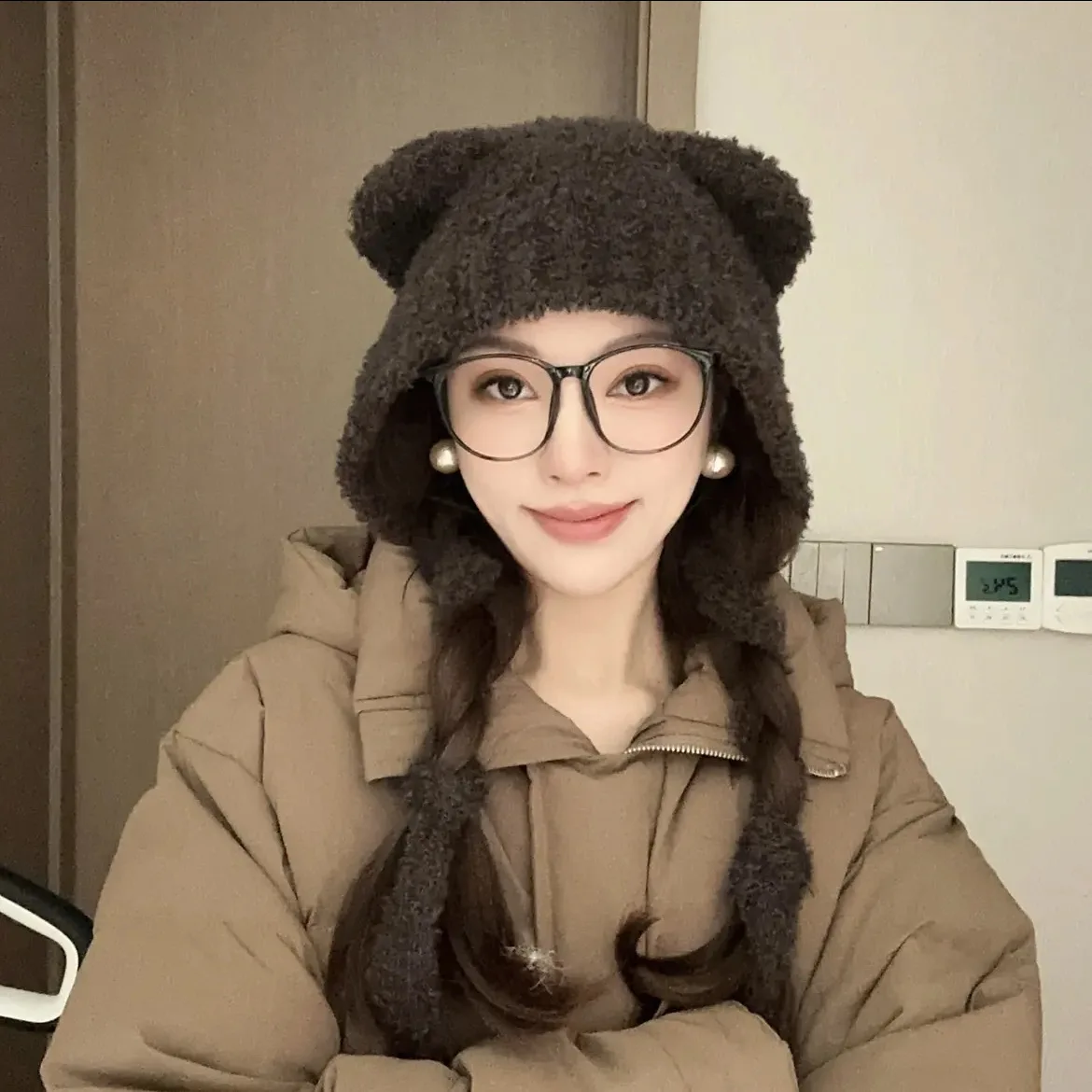 Korean Version INS Cute Bear Ears Warm Bomber Beanie Hat Lady Autumn and Winter Cute Windproof Face Small Earmuffs Knitted Cap