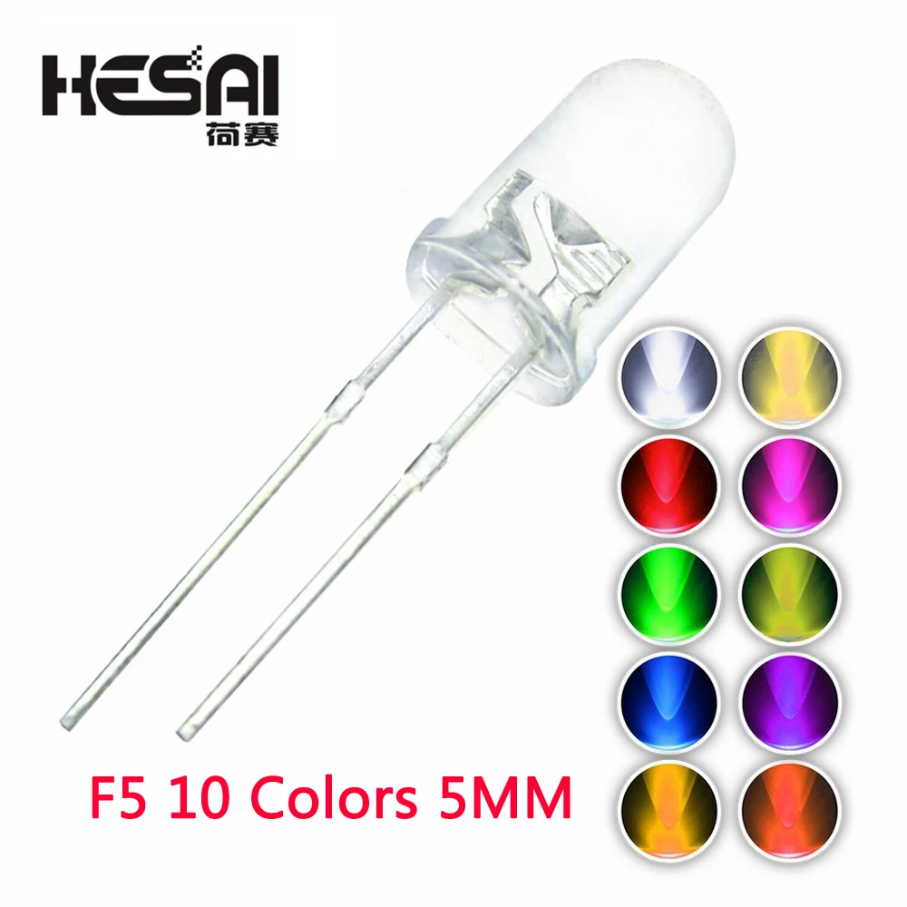 100PCS/lot F5 5MM Round Green/Yellow/Blue/White/Red/Warm White/Orange/Purple/Pink/Yellow Green LED Light Diode Kit