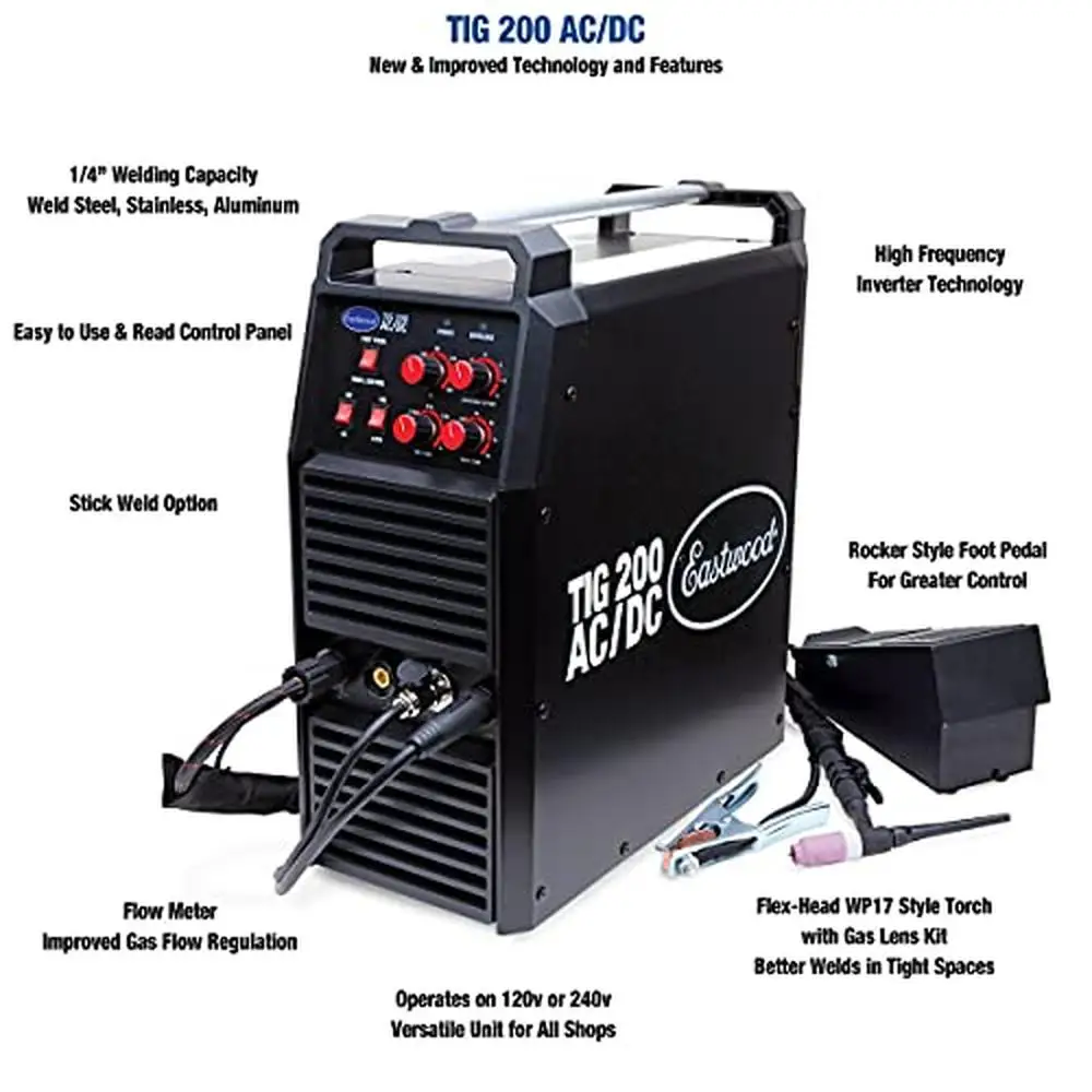 200 Amp TIG Welder Steel Aluminum High-Frequency Start Square-Wave Inverter Welder Cart AC/DC Welding Circuit 110vAC/220vAC 2