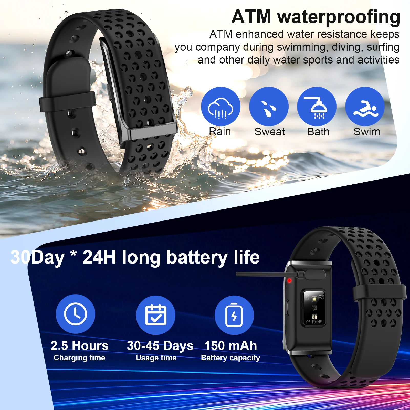 Smart Bracelet Women Men Heart Rate Blood Pressure SpO2 Sleep Tracker Activity & Fitness Trackers 170+ Sports Modes Wristbands