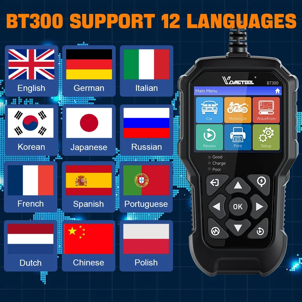 BT300 5-3000 CCA Car Battery Tester 6V 12V Automotive Charging Cranking Scanner Tools for Motorcycle Car Truck SUV