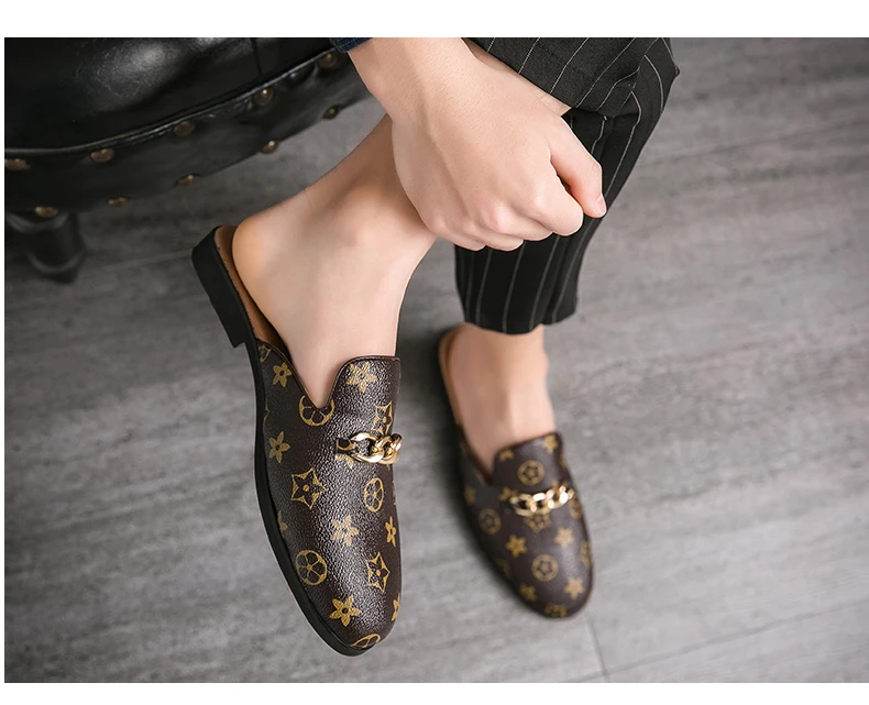 Cow Genuine Leather Summer Slip-On Shoes Large Size  Embroidered Flat Mules with Slingback And Metal Chain Detail