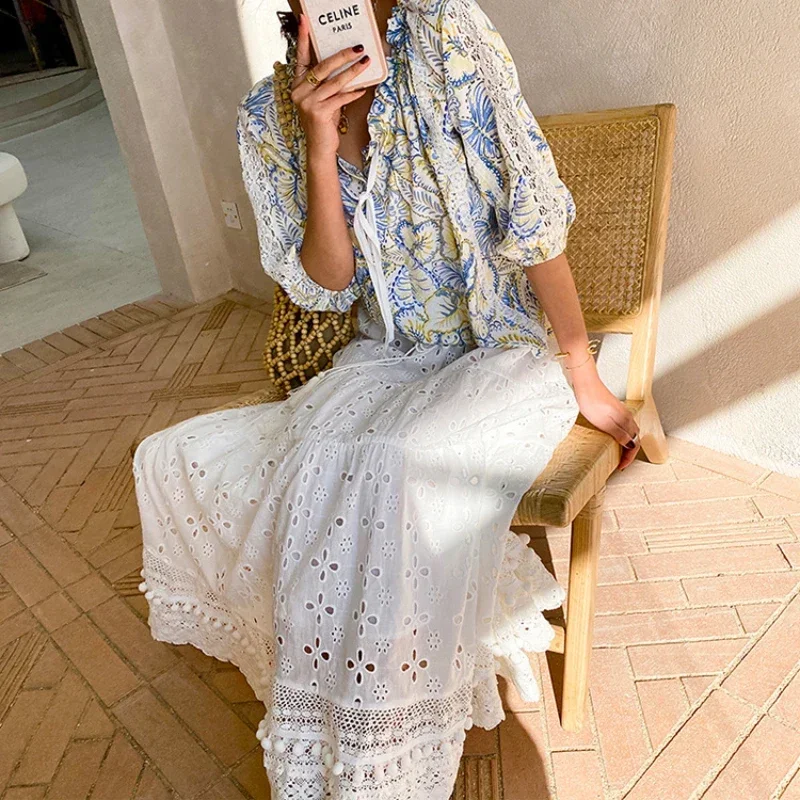 2026 New Summer Women Casual Floral White Embroidery Long