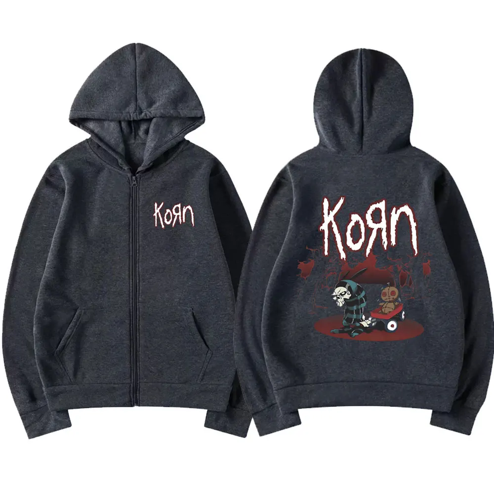 Rock Band Korn Graphic Zipper Hoodie Man Vintage Sweatshirt Men's Gothic Zip Up Hoodies Men Women Casual Black Oversized Jacket