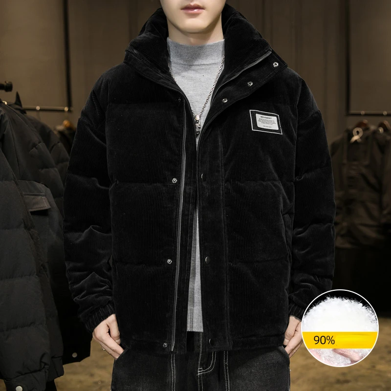 New Winter Down Jacket Men's Retro Corduroy Thick Warm 90% White Duck Down Coat Casual Stand-up Collar Windproof Puffer Jacket