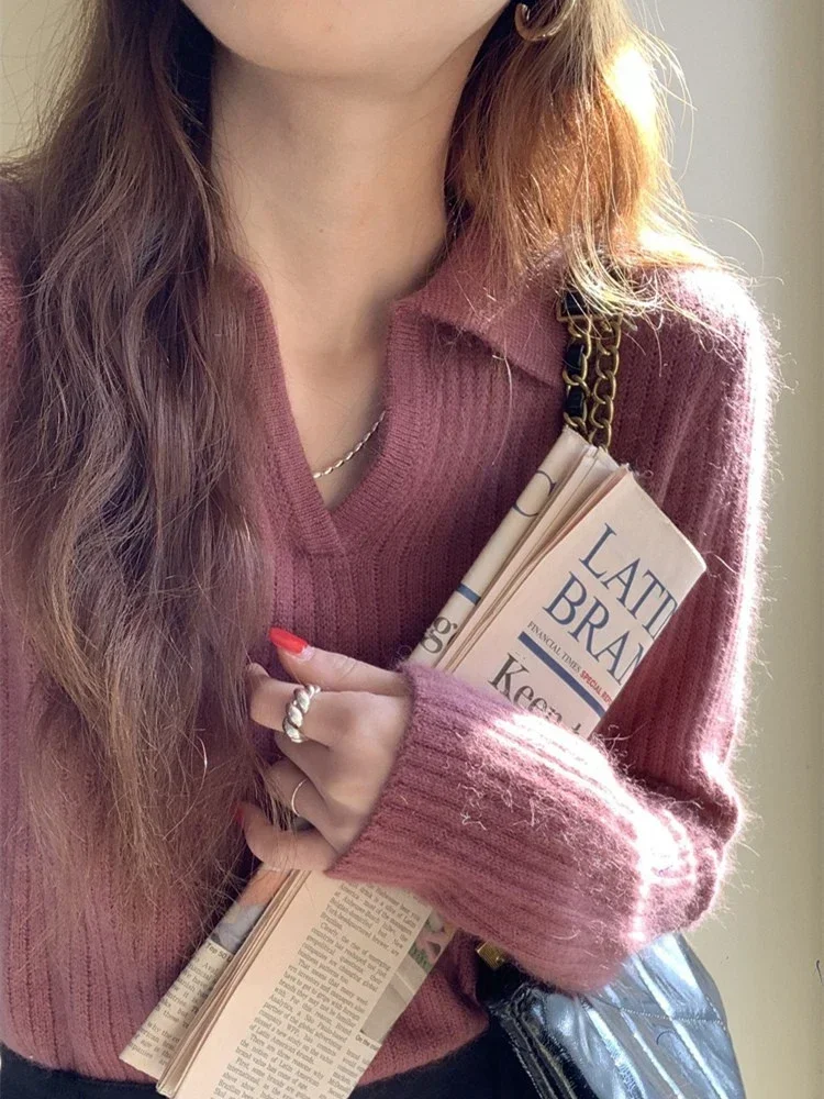 

Women's Sweater Autumn Winter V-neck Solid Color Thickened Inner Layer for Casual Street Wear Crop Knit Tops Pullovers Jumpers