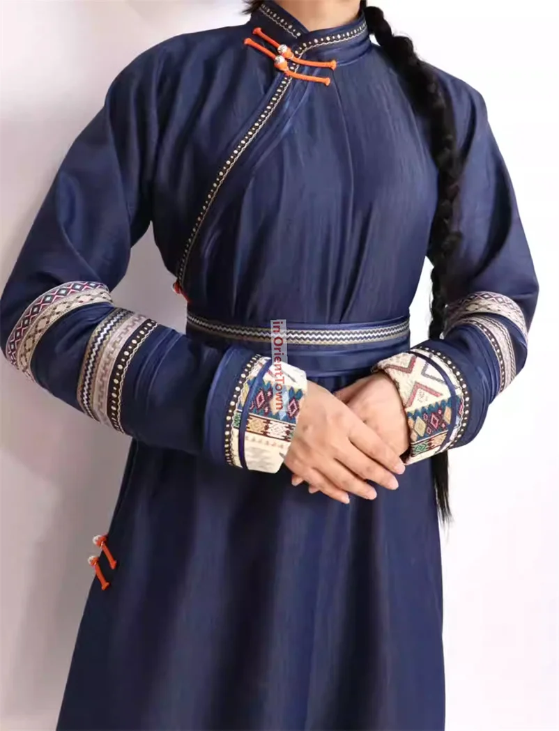 Ulan Bator Trend Denim Mongolia Popular Diagonal Collar Robe Dress Long Sleeves Traditional Women's Mongolian Blue Gown TP013