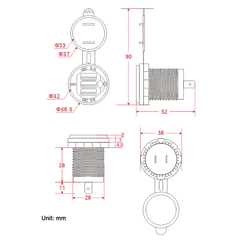 USB    USB QC 3.0  , ġ ġ , 12-24V ڵ  Ʈ ؾ RV, 3 Ʈ, 60W