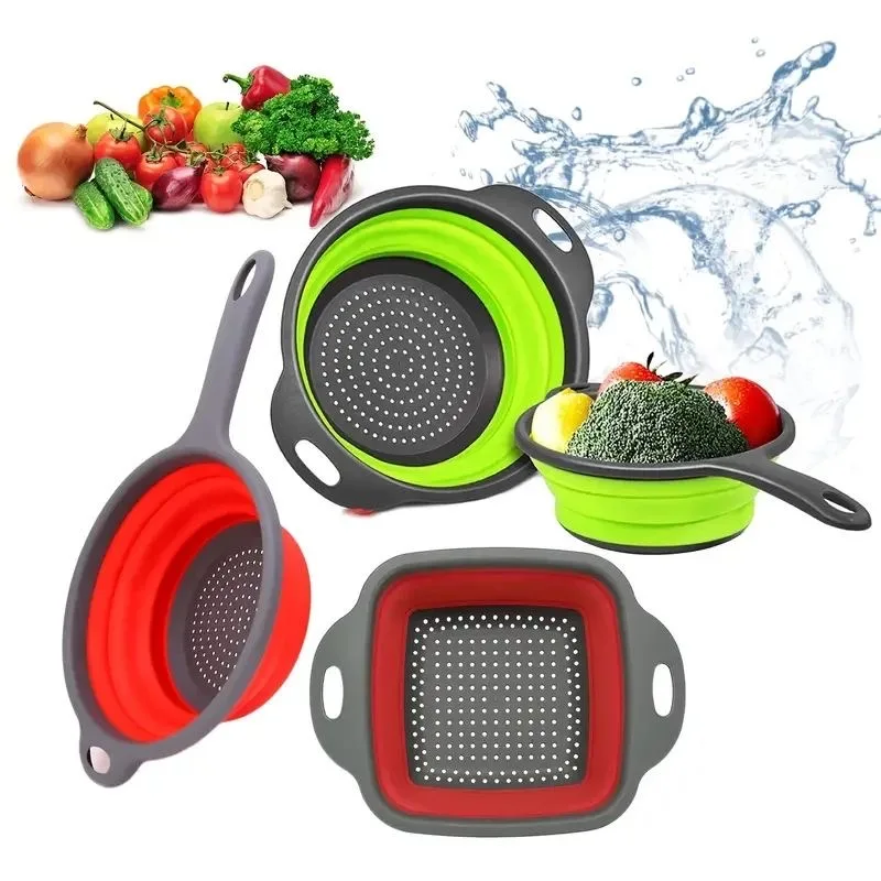 Collapsible Drain Basket Chef Multifunctional collapsible drain basket handle Round retractable washing basket kitchen tool