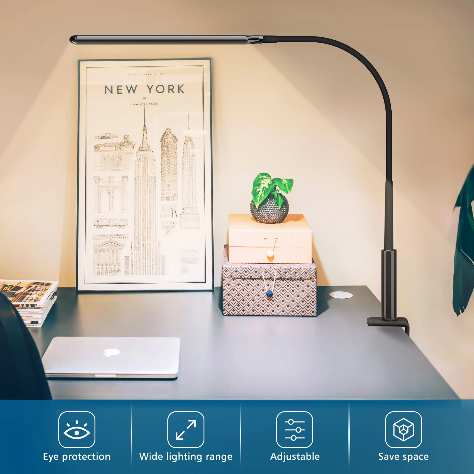 Adjustable LED Clip-On Desk Light with 10 Brightness Levels and 3 Lighting Modes