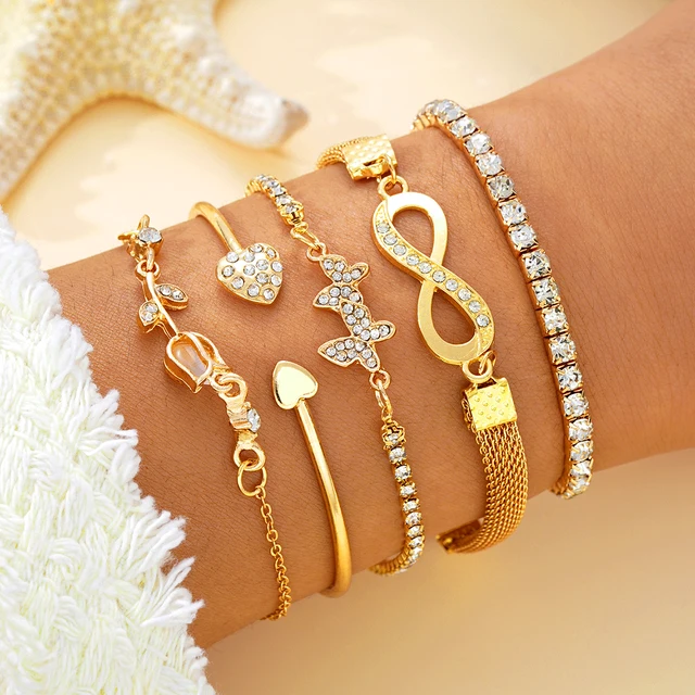Infinity Gold Plated Bracelet For Women - 14K Gold Plated, CZ Heart Accent, Adjustable Layered Link Bangle