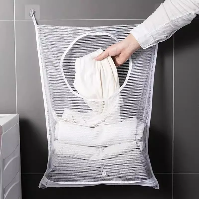 Dirty Clothes Storage Bag Basket Frame Bucket Foldable Mesh Laundry Bathroom Wall Hanging Household Clothing Organizer with Hook 5