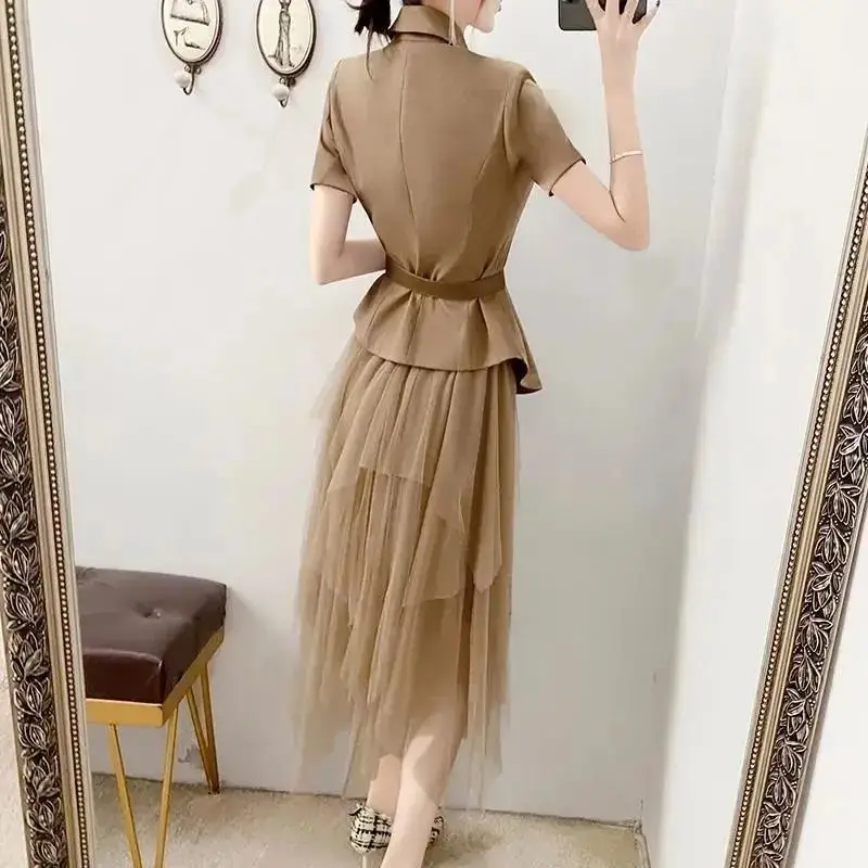 High End Socialite Suit Mesh Skirt Set for Women's Spring and Summer Professional Short Sleeved Waist Jacket Two-piece Set