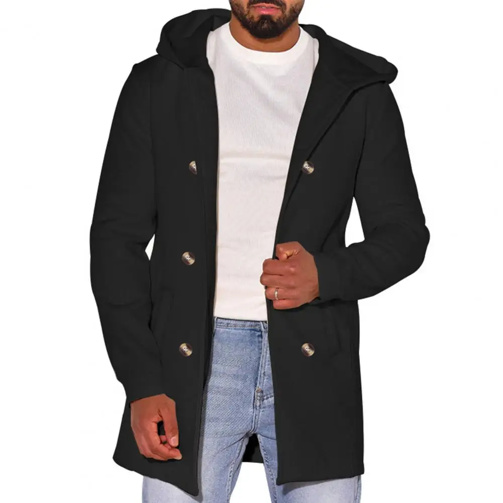 

Men Fall Winter Coat Hooded Pockets Double-breasted Solid Color Mid Length Loose Cardigan Long Sleeve Men Overcoat Long Jacket