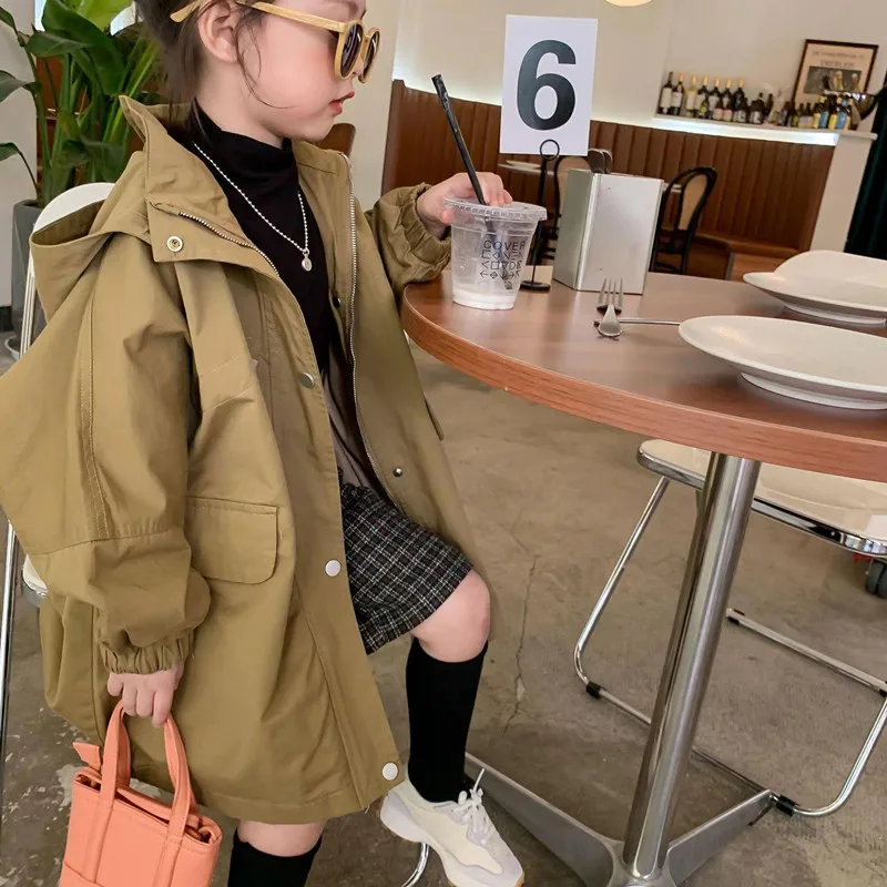 

Children's Spring And Autumn Korean Style Hooded Windbreaker Jacket 2022 New Boys And Girls Fashion Loose Mid-Length Jacket Coat