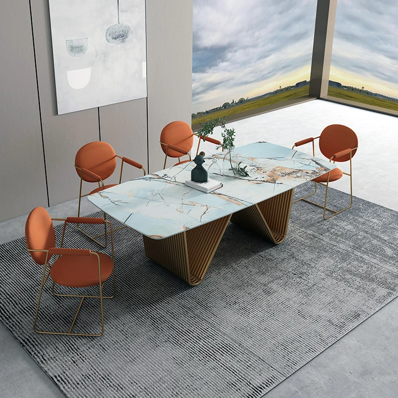 

light luxury bright rock plate table modern simple small family dining table designer creative square stainless steel table