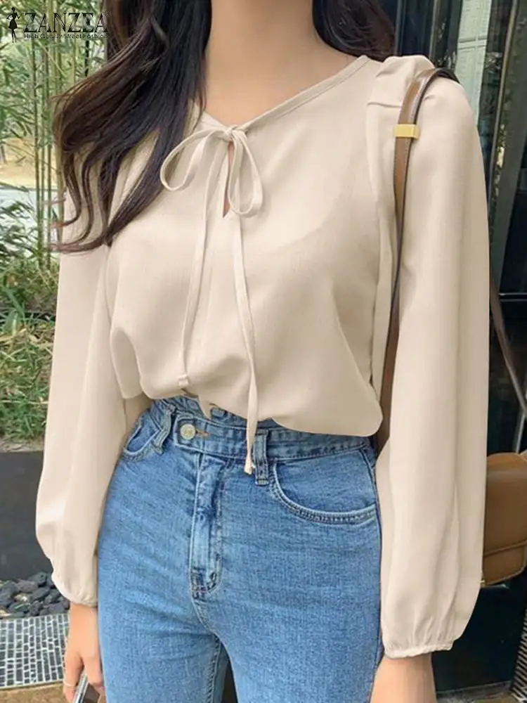 

Блузка ZANZEA Женская с длинным рукавом и V-образным вырезом, модная туника в Корейском стиле, элегантная однотонная Повседневная Праздничная рубашка, оверсайз