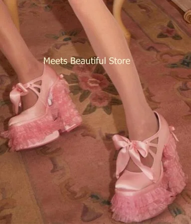 

Pink Satin Round Toe Platform Ribbon Cross Tied Cuts Out Pumps Women Lace Layer Falbala Square Chunky Heels Lolita Shoes Lady