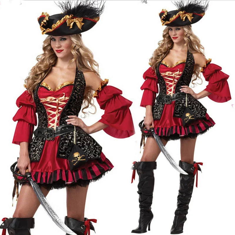 

Female Adult Sexy Caribbean Pirates Captain Cosplay Costume Halloween Carnival Role PlayWomen Pirate Fancy Medoeval Gothic Dress