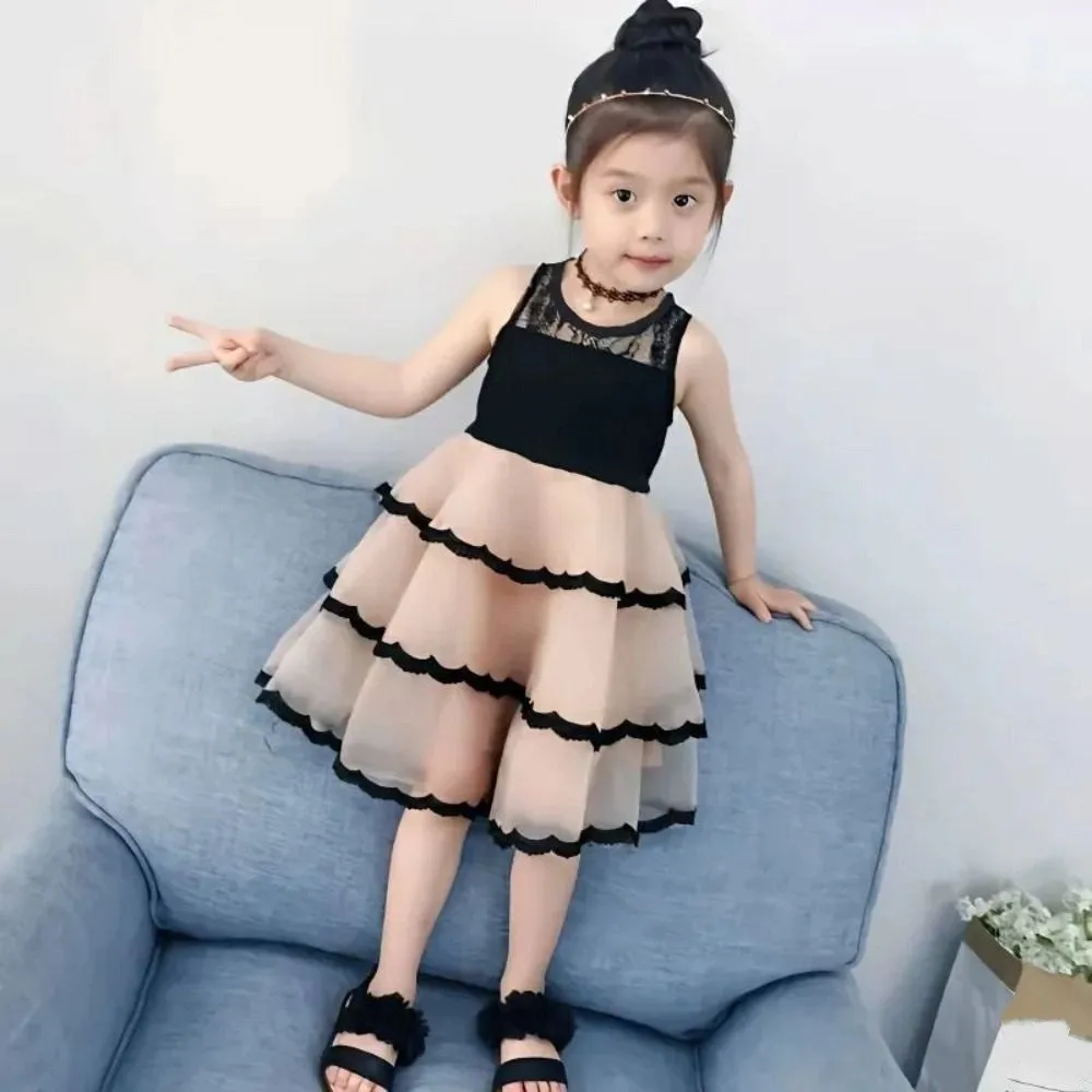 Elegant Sleeveless Girls Princess Dress Loose Teens Summer Lace Dress Sweet Party Children Mesh Dress Holiday