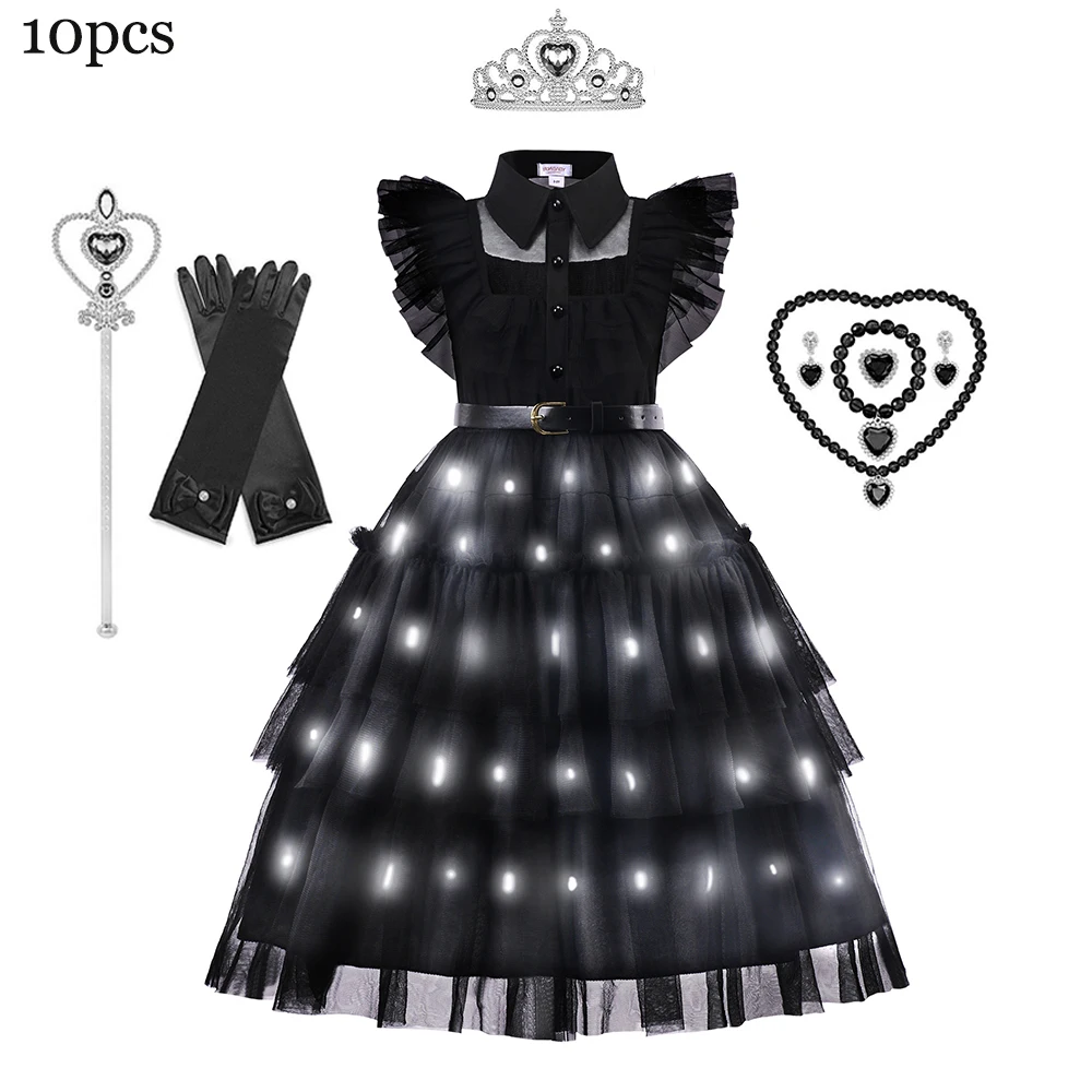 thumbnail image 1 of Disfraz de Merlina Addams con LED para niños, vestido de princesa para fiesta de carnaval, película de Cosplay, 1 of 5