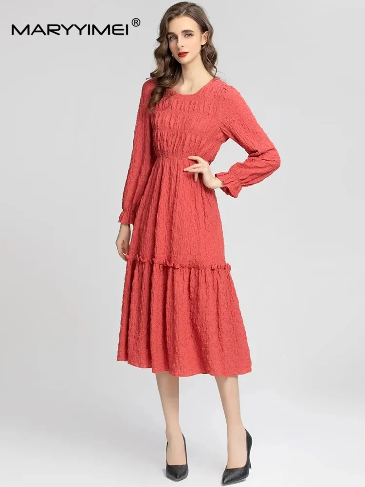 

MARYYIMEI Fashion Designer dress Autumn Women's Dress O-Neck Flare Sleeve Elastic waist Solid color Vacation Dresses