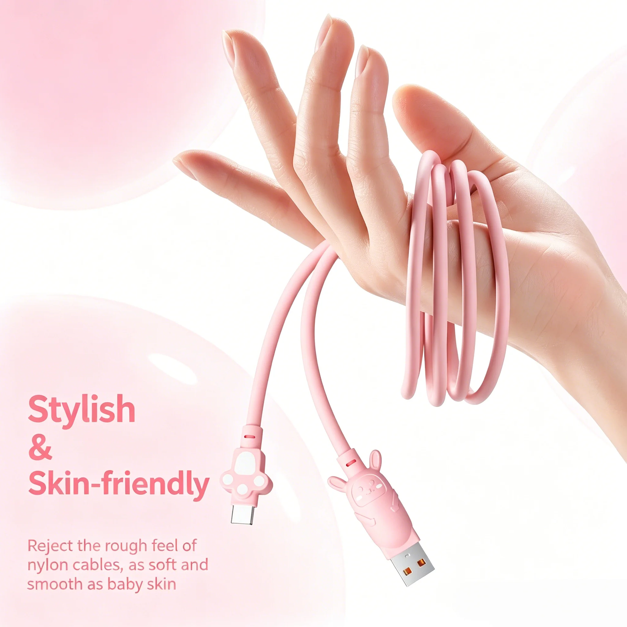 Cute Rabbit 65W Fast Charging USB-C Cable - Pink Skin-Friendly Design