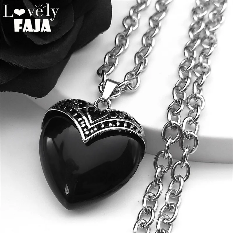 Schwarz Pfirsich Herz Goth Stein Halskette Frauen Männer Edelstahl Silber Farbe Egirl Kette Aussage Halsketten Schmuck NZZZ367-2