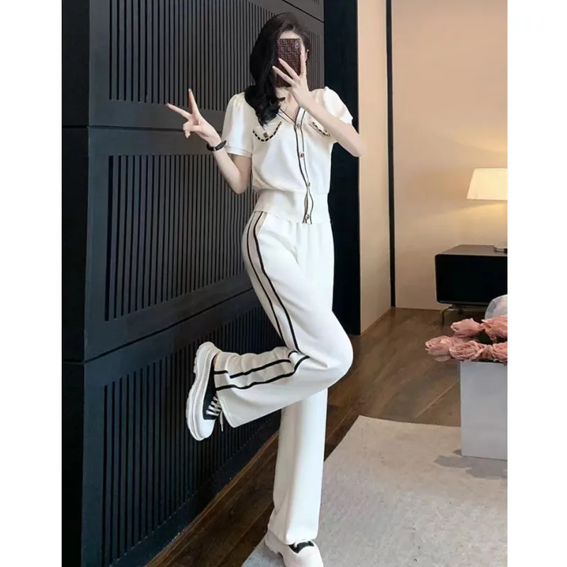 

Two-Piece Suit Goddess Temperament Temperament Leisure Fashion Suit Women's V-neck Western Style Slimming Wide-Leg Pants Two-Pie