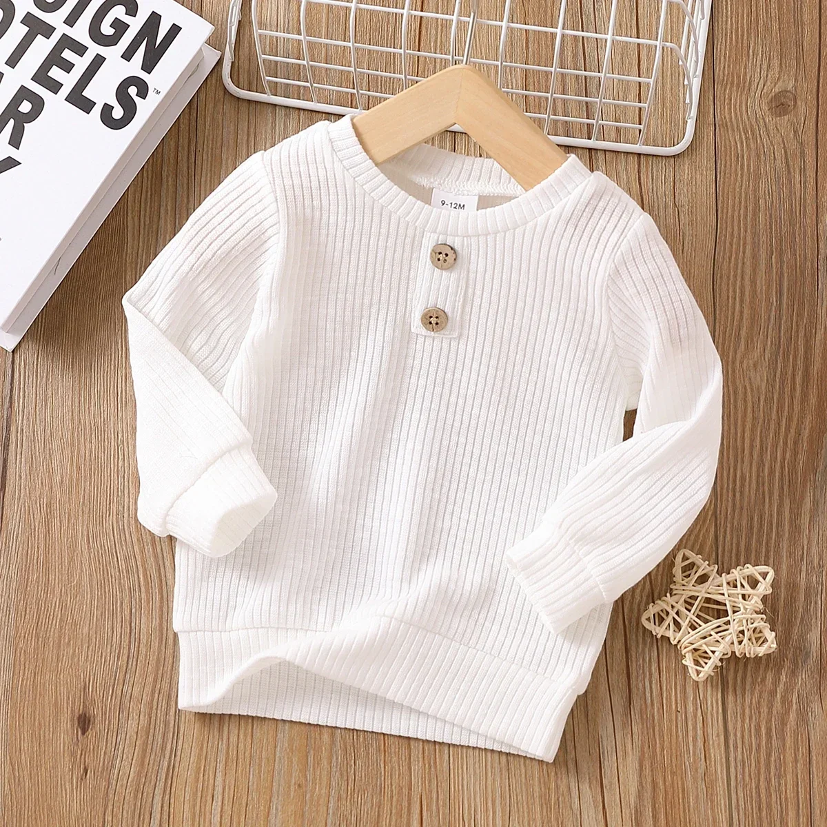 Baby Boy/Girl Button Design Solid Ribbed Knitted Long-sleeve Pullover Top For Outings Daily Wear Basic Style
