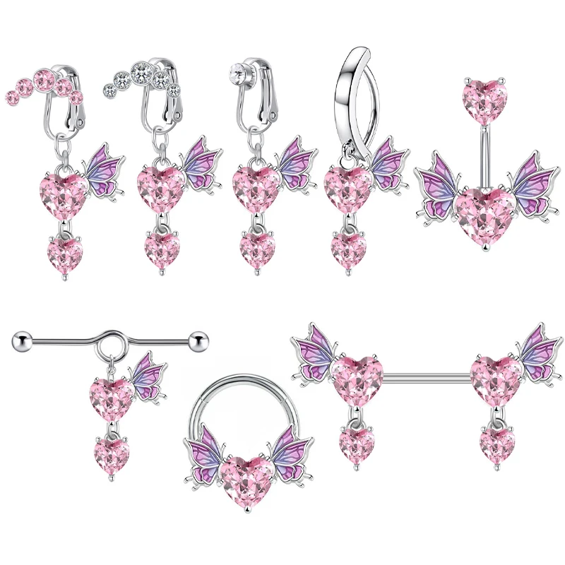 1 Pz Viola Farfalla Ombelico Anelli 14G Stella Pancia Anello Carino Cuore Cristallo Ombelico Bilanciere Gioielli Piercing Ombligo Mujer