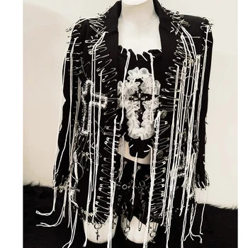 Safety Pin Loose Thread Top Skirt and Jacket 3 Piece Set 1