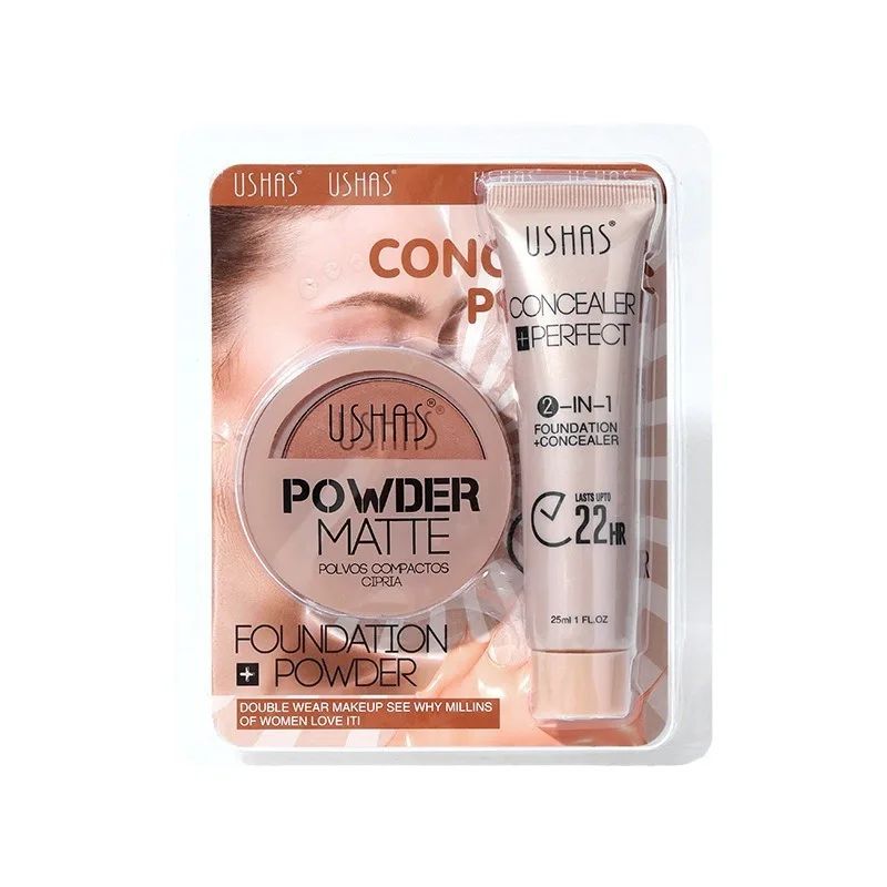 USHAS Powder Matte and Liquid Foundation Makeup Set Waterproof Long-lasting Skin Brightening Formula for Flawless All-Day Wear