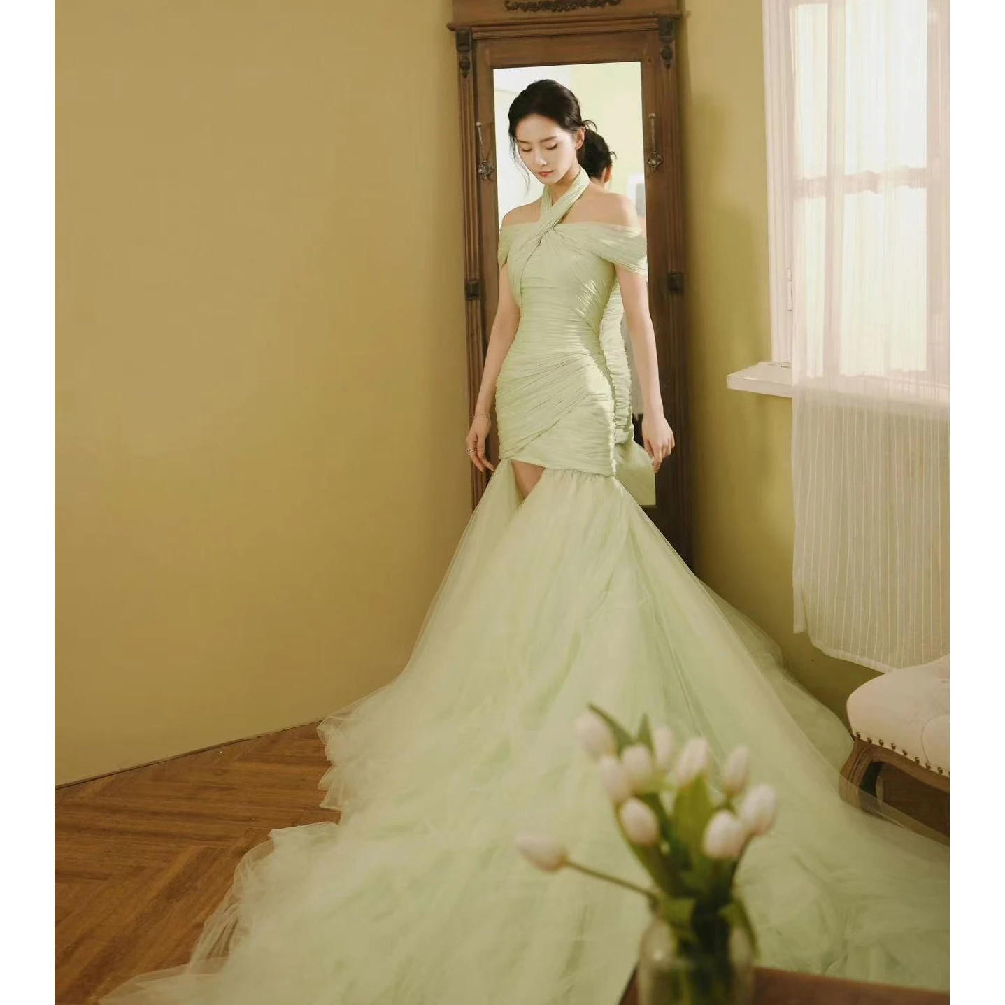 

New Arrival Mint Green Formal Dresses 2023 Halter Sheath Pleated Tulle High Low Prom Gown Celebrity Dress Elegant Evening Gowns