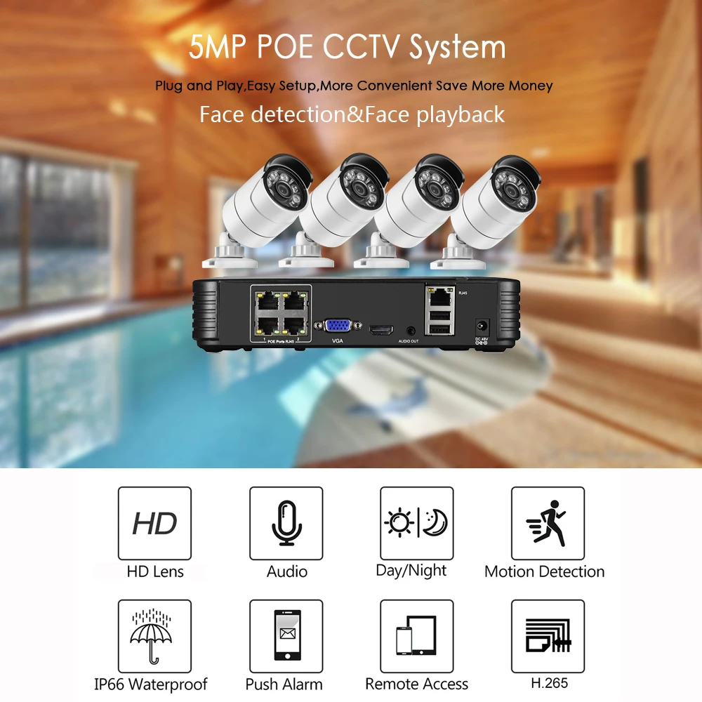 Gadinan 5MP NVR H.265AI 4CH 얼굴 감지 보안 카메라 시스템 키트 야외 오디오 모션 감지 IR 감시 카메라 NVR