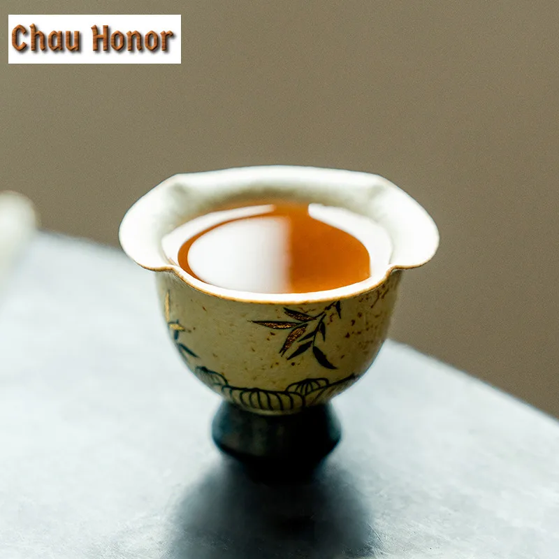 55ml Ancient Blue And White Flint Red Teacup Handmade Gold Drawing Bamboo Tea Bowl Single Cups Meditation Cup Chazhan Teaware