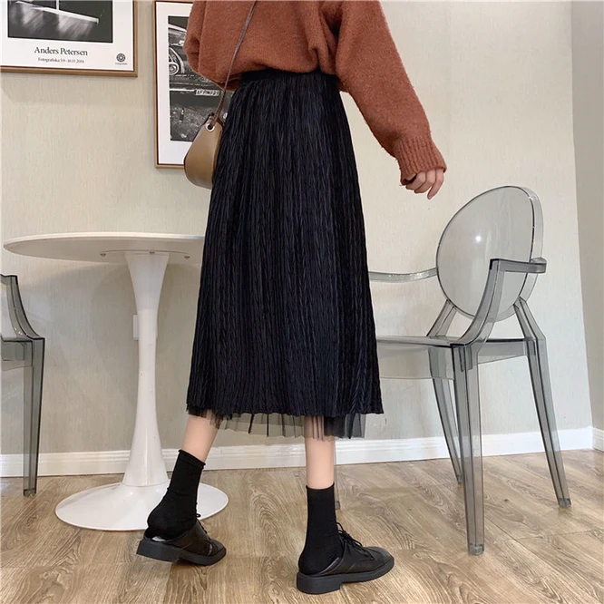 2021 Autumn Winter Woman Pleated Skirt New Mesh Double Side A-line Skirt Mid Length Skirt Versatile High Waist Slim Girl Black nike tennis skirt