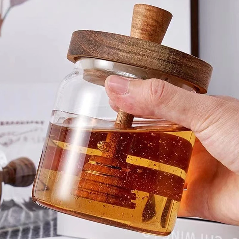 Honey Jar Advanced High Borosilicate Glass Sealed Tank Mixing Rod With Wooden Cover Transparent Honey Bottle honey jar