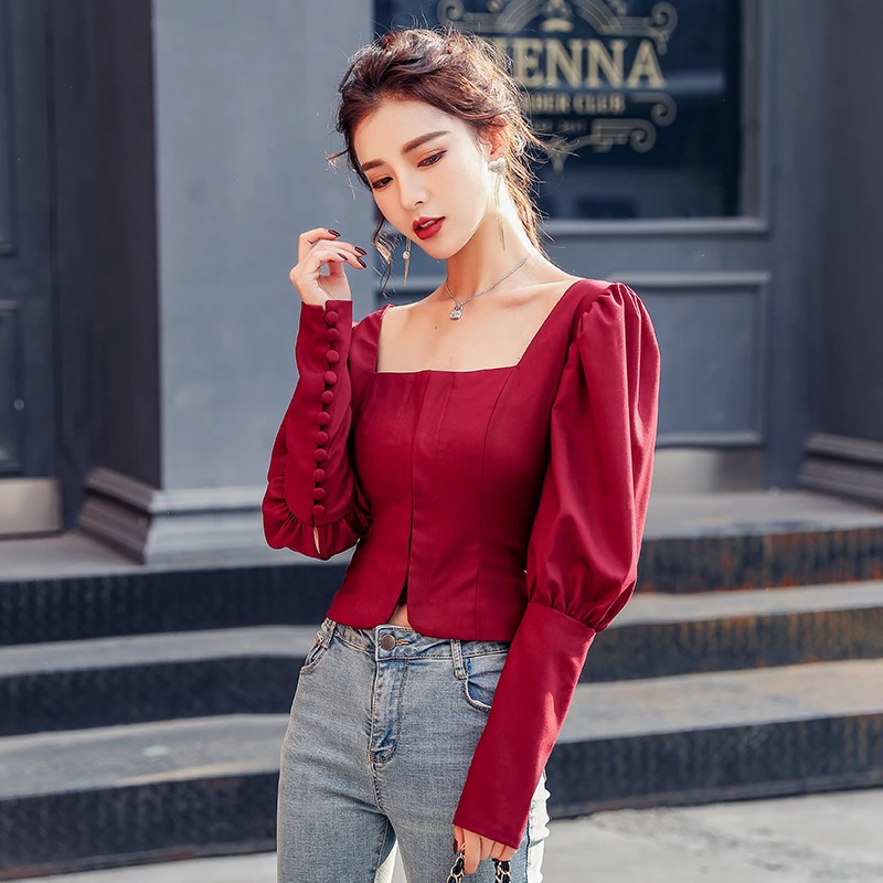 Blusa de manga larga ajustada abombada para mujer, camisa Sexy Color sólido con cuello cuadrado, rojo vino, Otoño, 2021|Blusas y camisas| - AliExpress