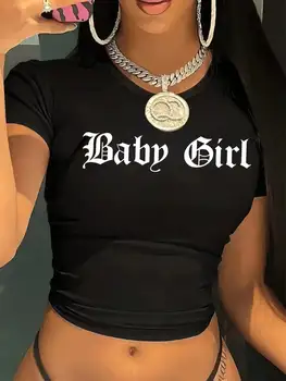 2026 Women's Four Seasons Casual Baby Girl Letter Printed Tight Short Sleeve Round Neck Solid Color Short T-shirt 1